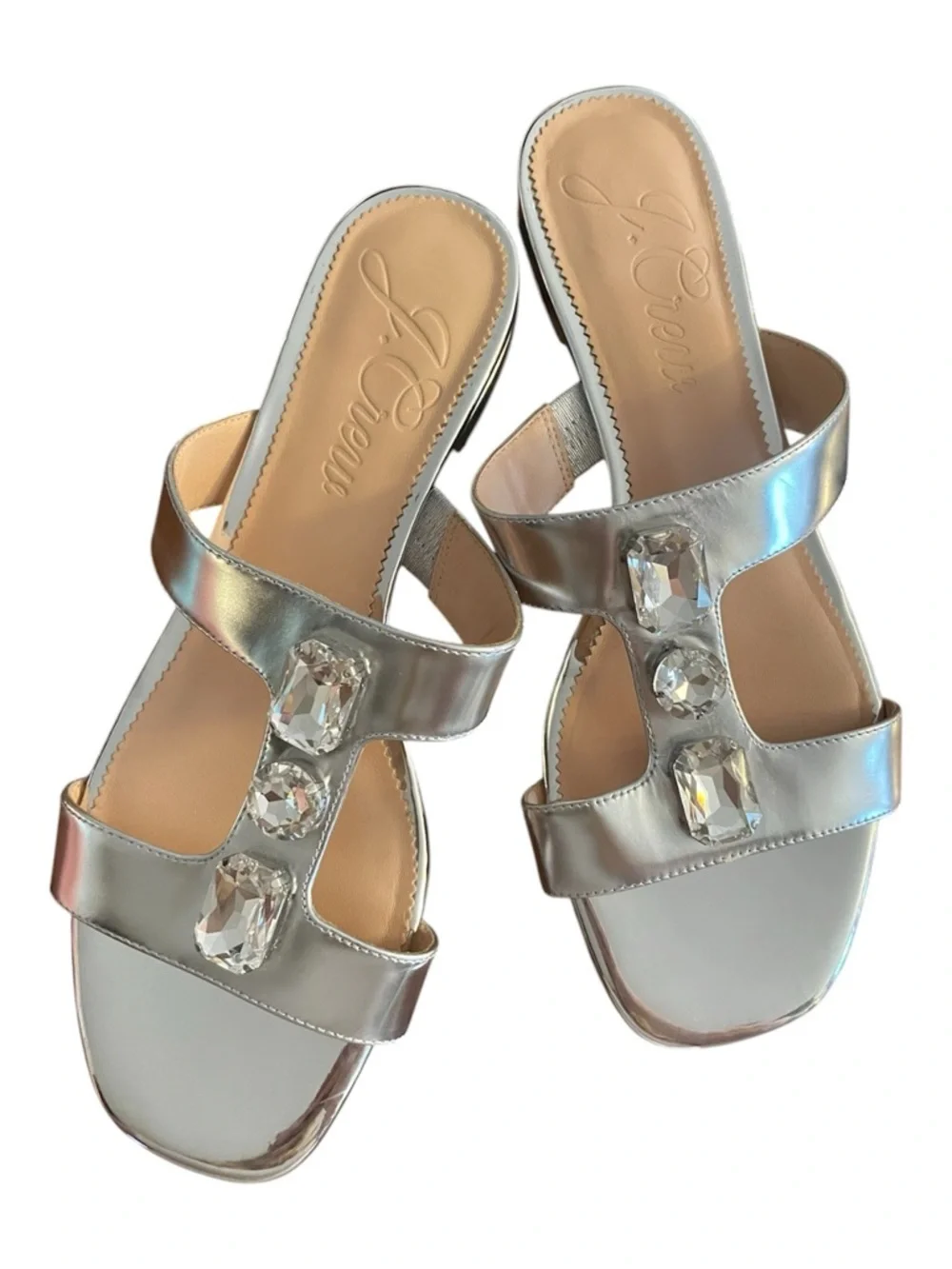 J.Crew Crystal Embellished Leather Metallic Slide Sandals | Statement Rhinestone